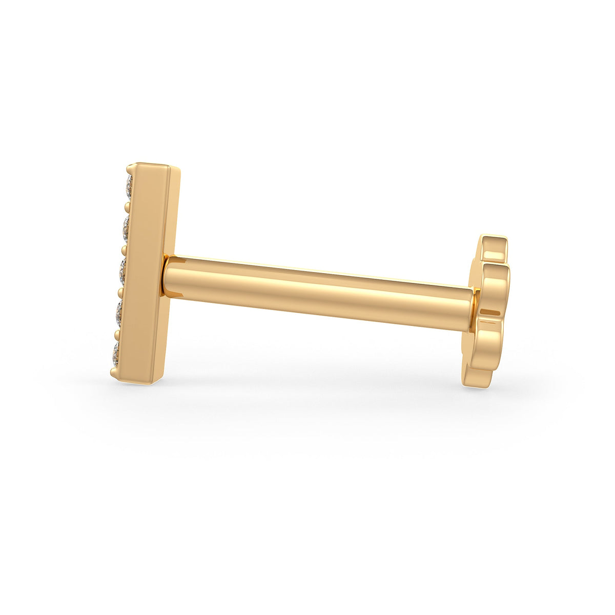 Side view of 18ct yellow gold diamond eternity bar nose stud
