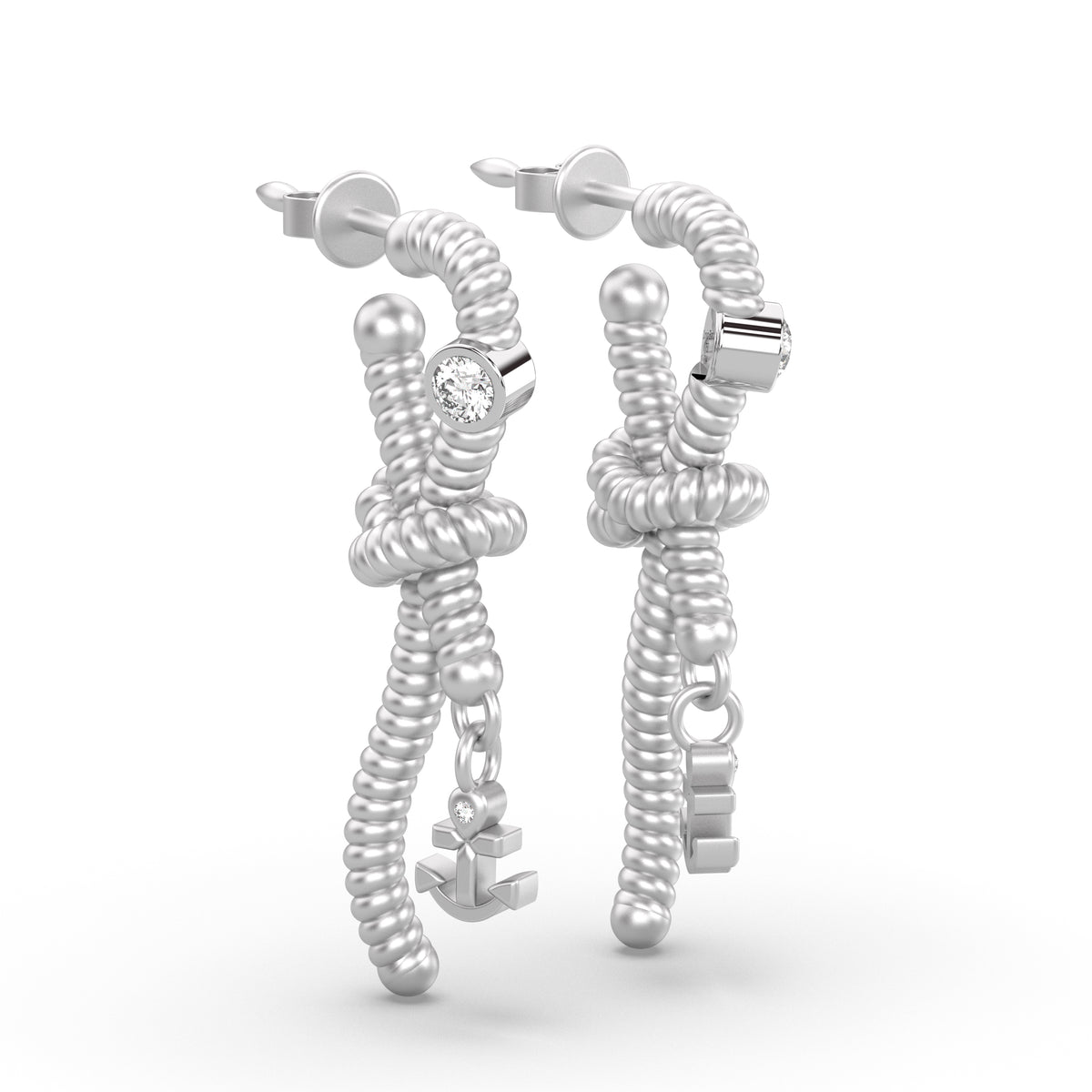 Sailor Knot Anchor Diamond Earrings White Gold