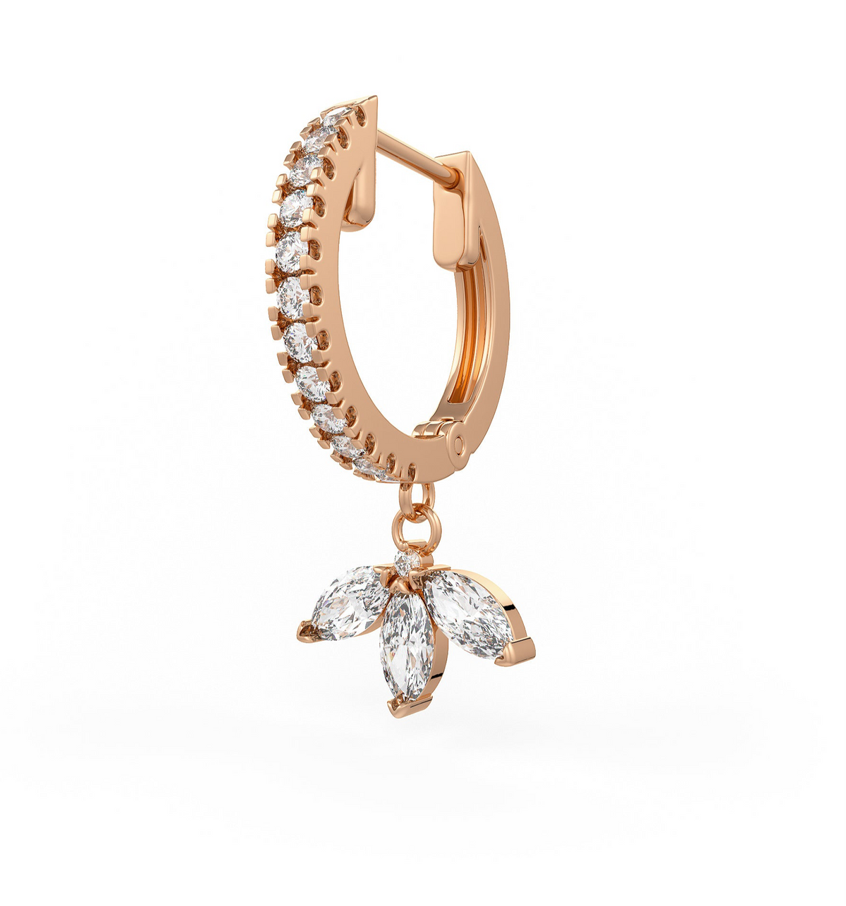 18ct Rose Gold Diamond Eternity Hoop Single Earring with Marquise Lotus Charm Drop 0.46ct