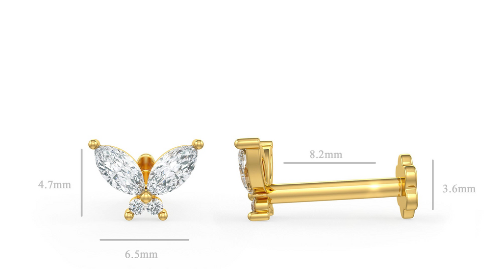 Gold butterfly-shaped earrings with measurements 