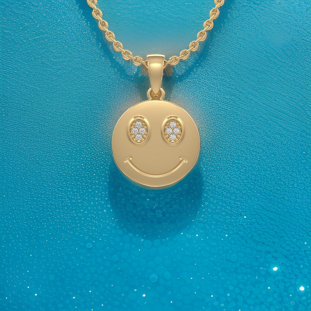 18ct yellow gold diamond smiley emoji face necklace