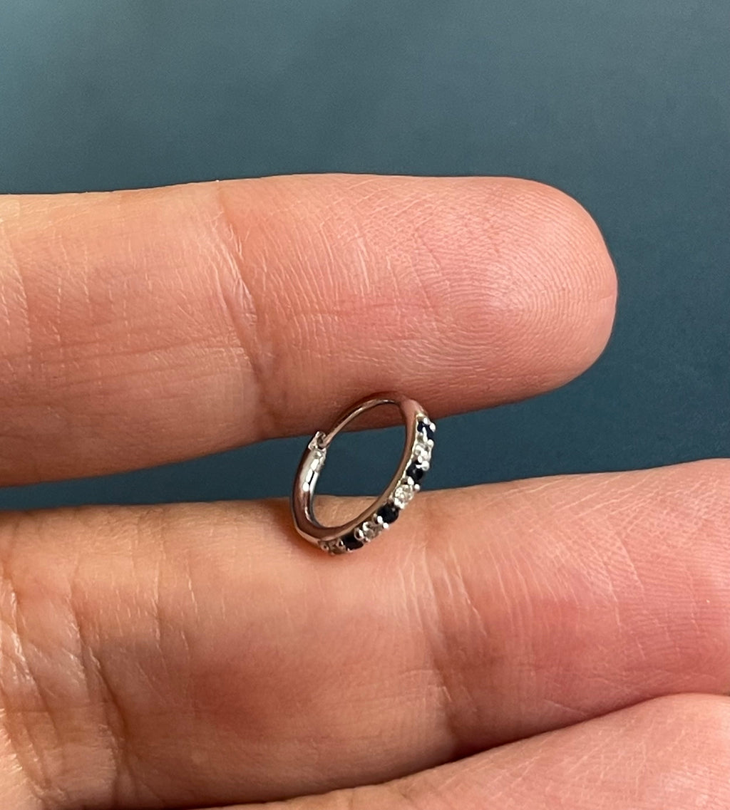 Skinny Diamond Sapphire Nose Hoop 18ct White Gold Piercing Gemstone Ring
