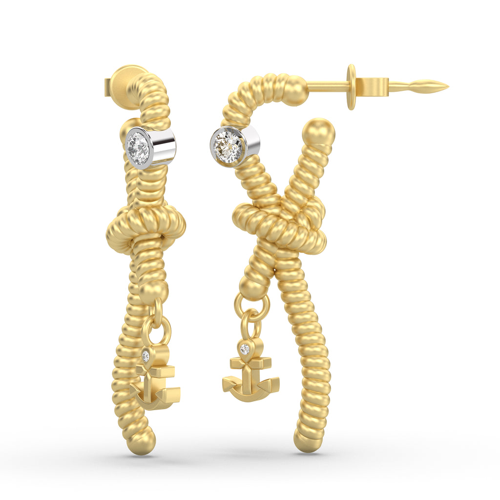 Sailor Knot Anchor Diamond Earrings Yellow Gold