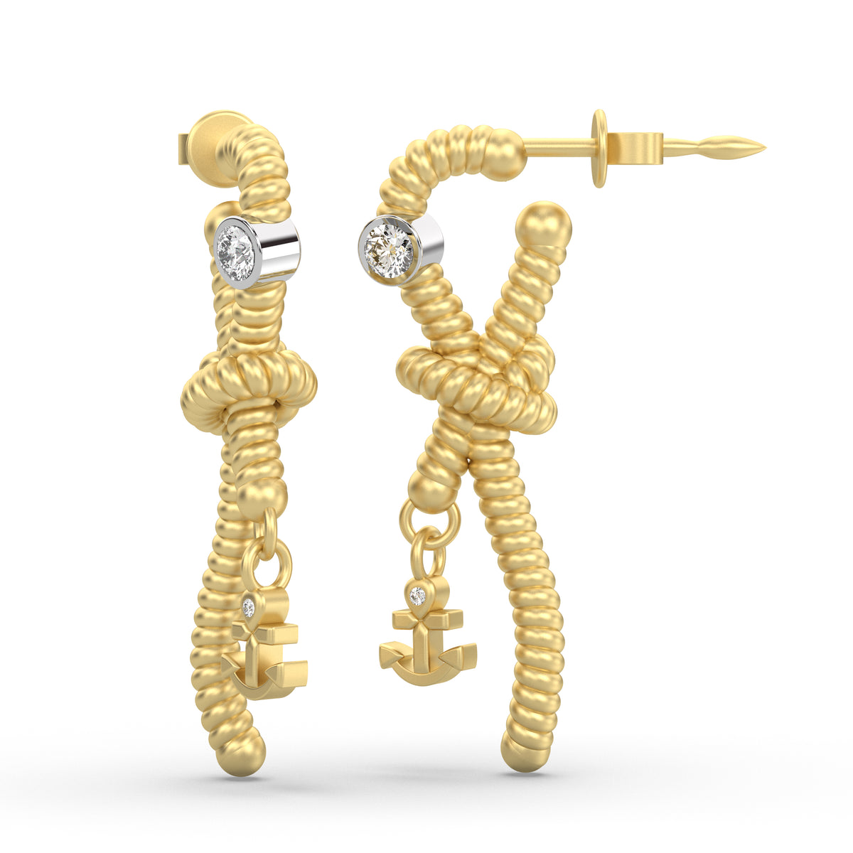 Sailor Knot Anchor Diamond Earrings Yellow Gold