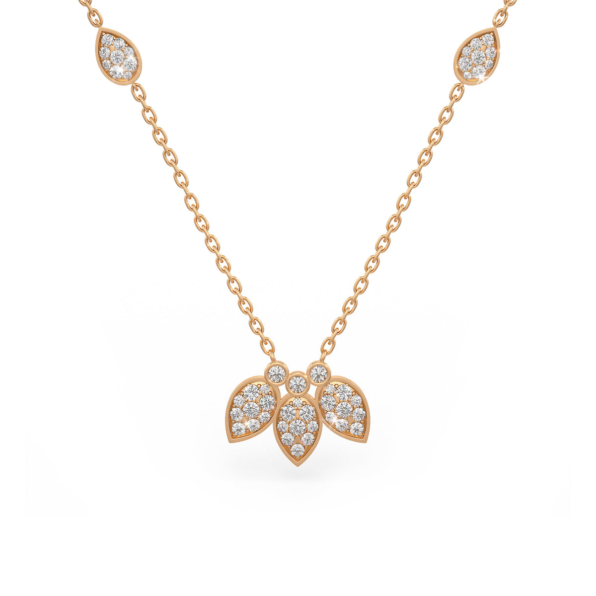 Collier en or rose 18 carats serti de diamants de 1,40 ct et orné de pétales de nénuphar.