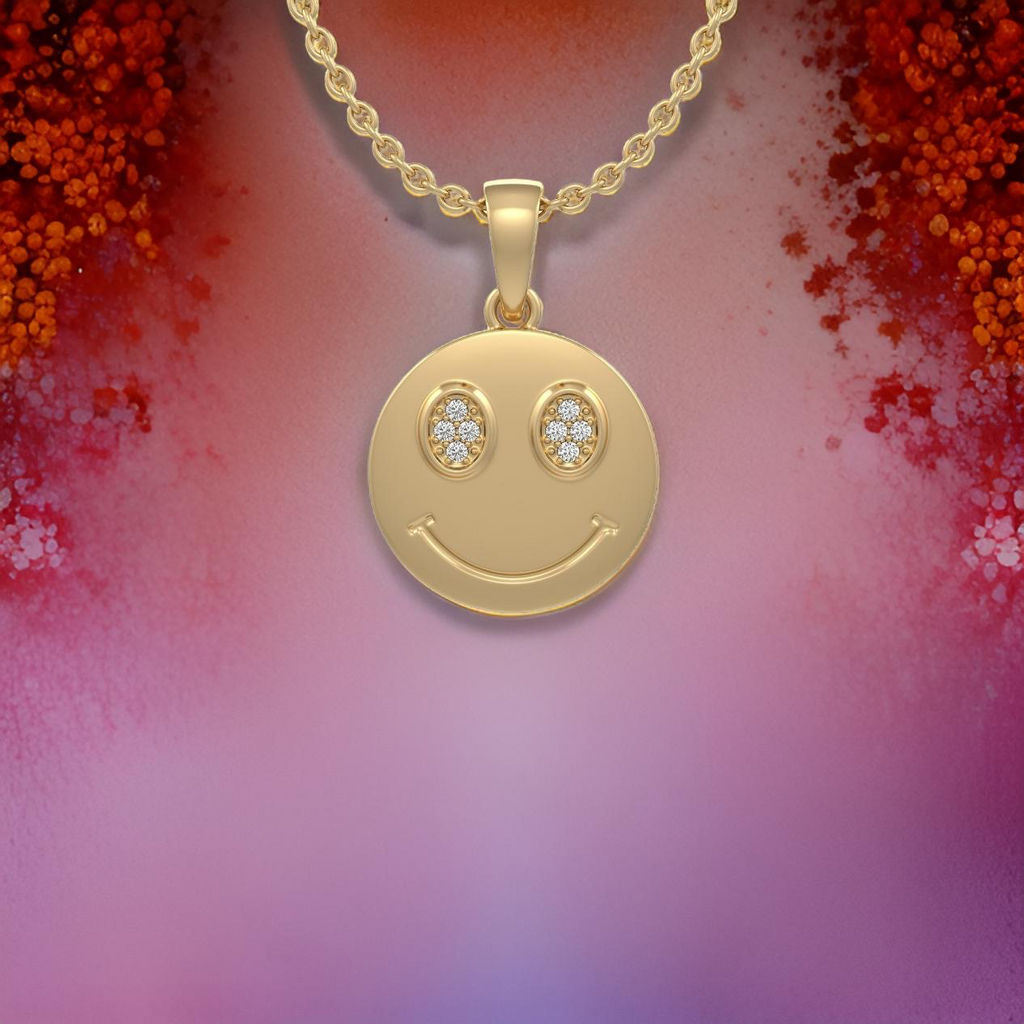 18ct yellow gold smiley emoji diamond pendant on chain