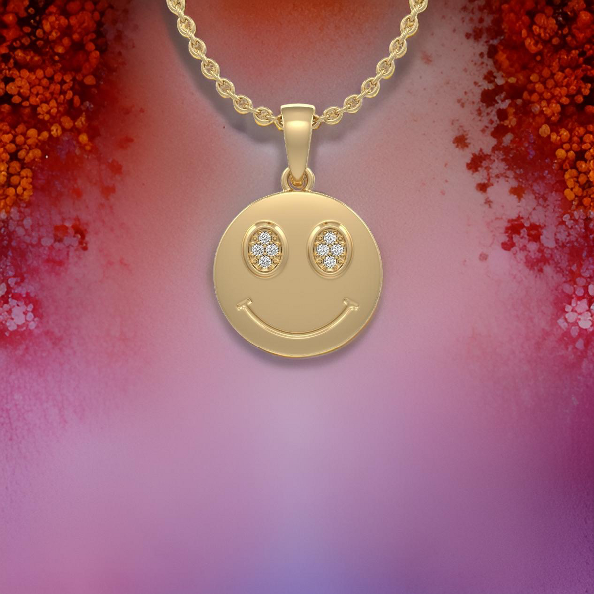 18ct yellow gold smiley emoji diamond pendant on chain