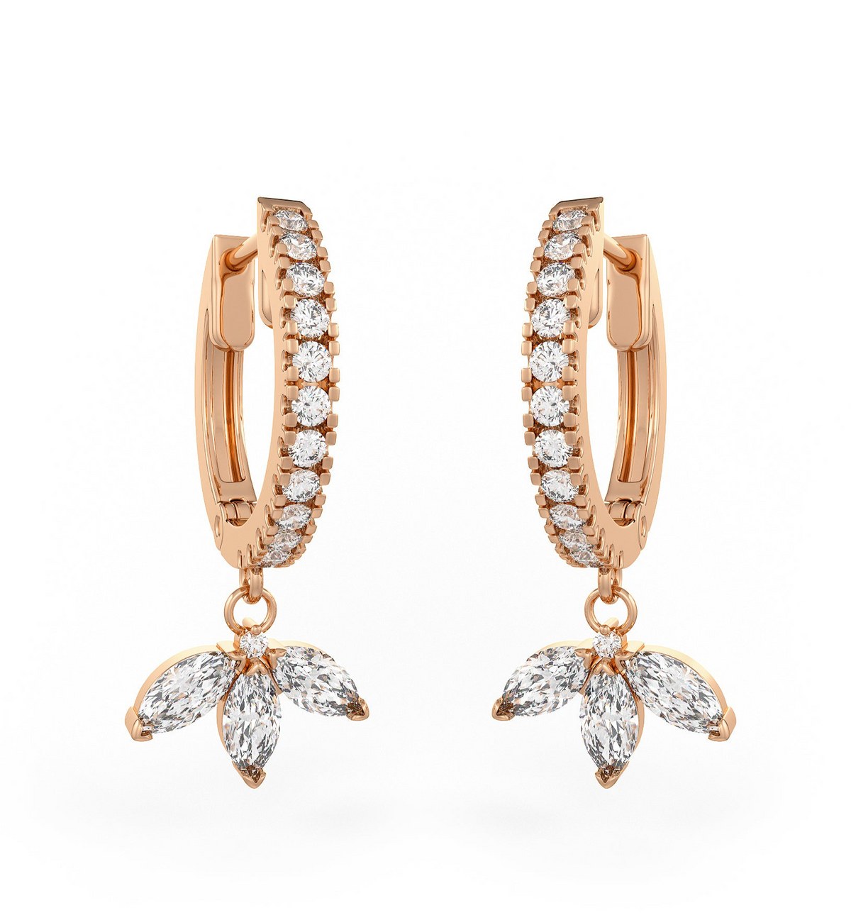 18ct Rose Gold Diamond Eternity Hoops Earrings with Marquise Lotus Charm Drop 0.92ct (full pair)