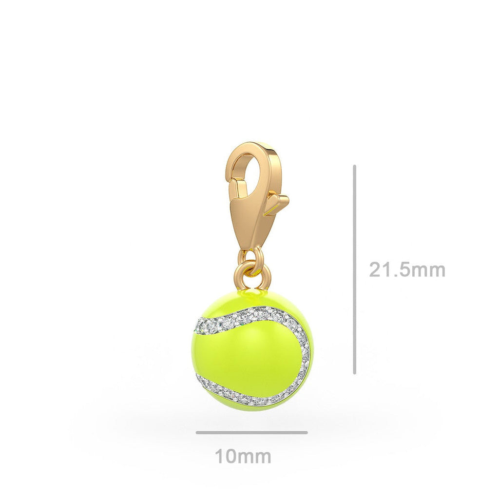 Yellow tennis ball charm with gold clasp on a white background