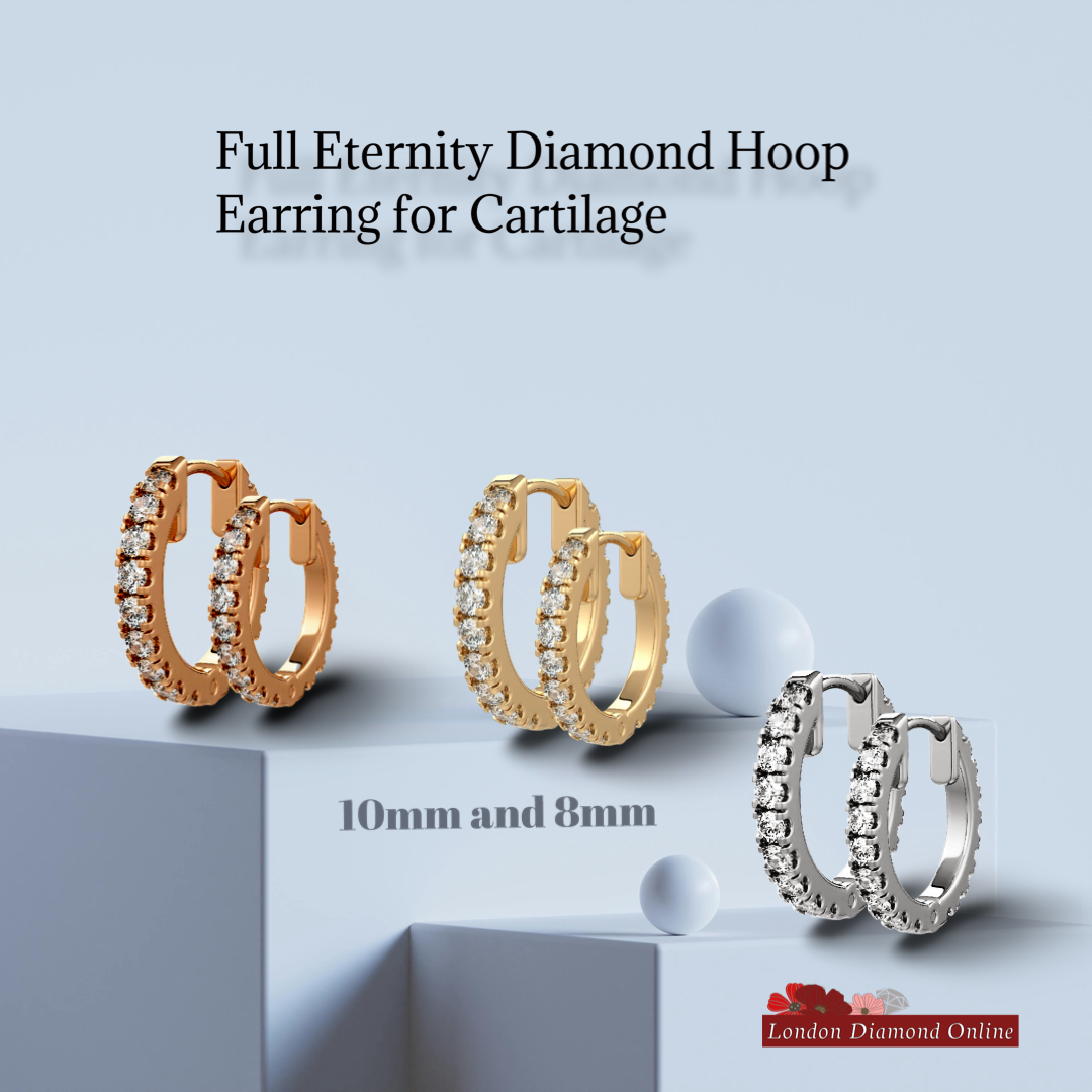 Three diamond hoop earrings in gold, rose gold, and silver on a light blue background with 'London Diamond Online' branding.
