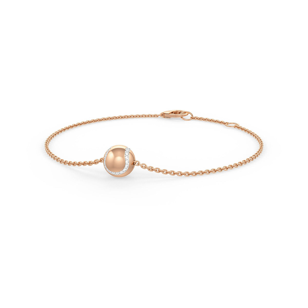 Rose gold bracelet with a spherical charm on a white background