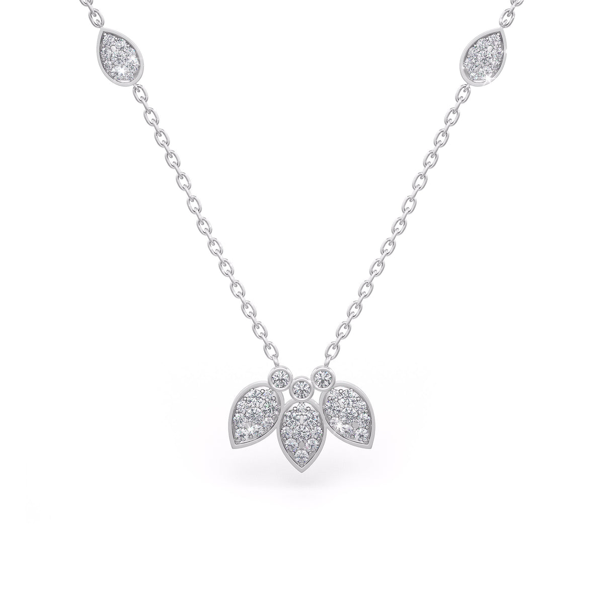 Collier en or blanc 18 carats serti de diamants de 1,40 ct et orné de pétales de nénuphar.