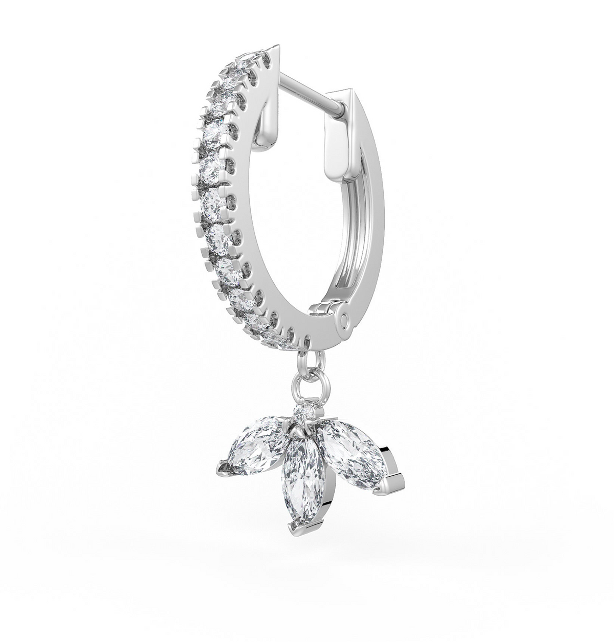 Boucle d'oreille unique créole en or blanc 18 carats sertie d'un diamant taille marquise en forme de lotus (0,46 carat).