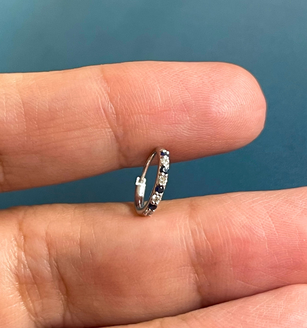 Skinny Diamond Sapphire Nose Hoop 18ct White Gold Piercing Gemstone Ring