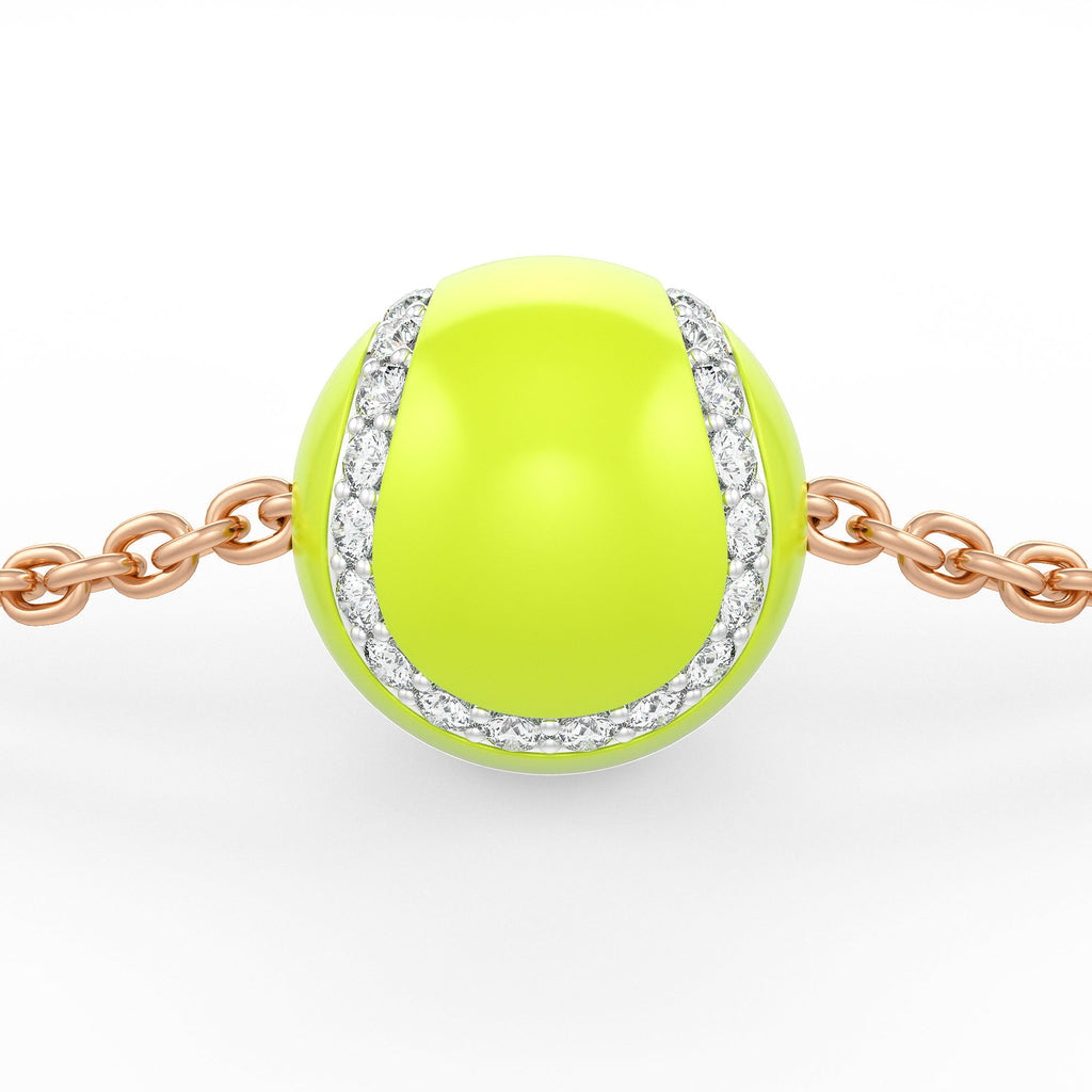 Neon green tennis ball charm with rose gold chain on a white background
