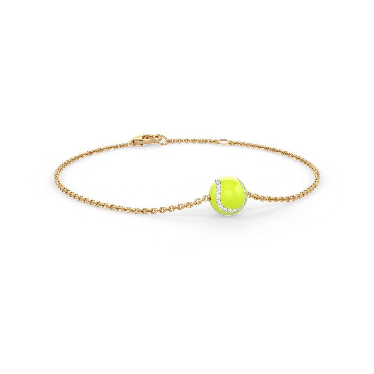 Gold bracelet with a green tennis ball charm on a white background