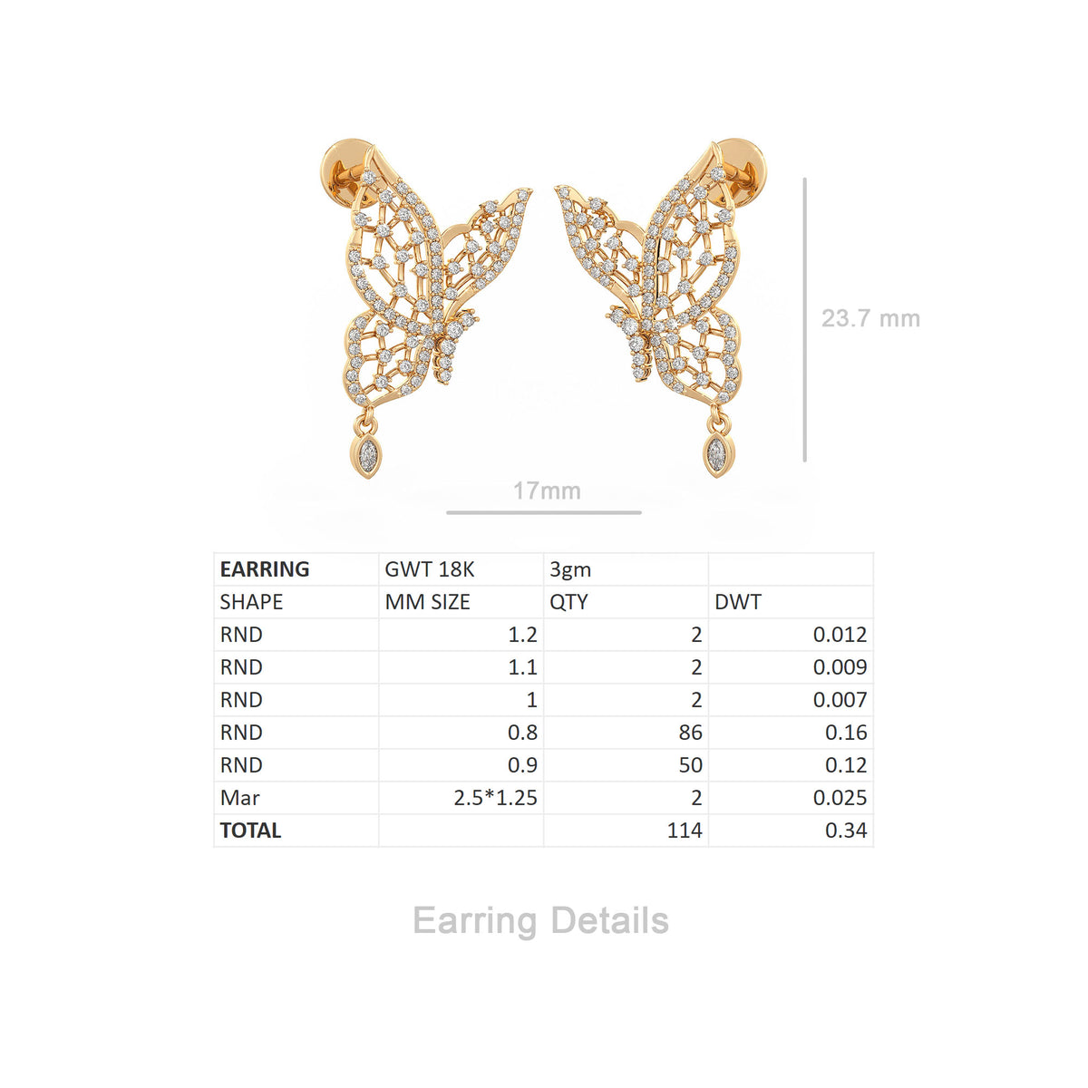 Butterfly diamond earrings size chart