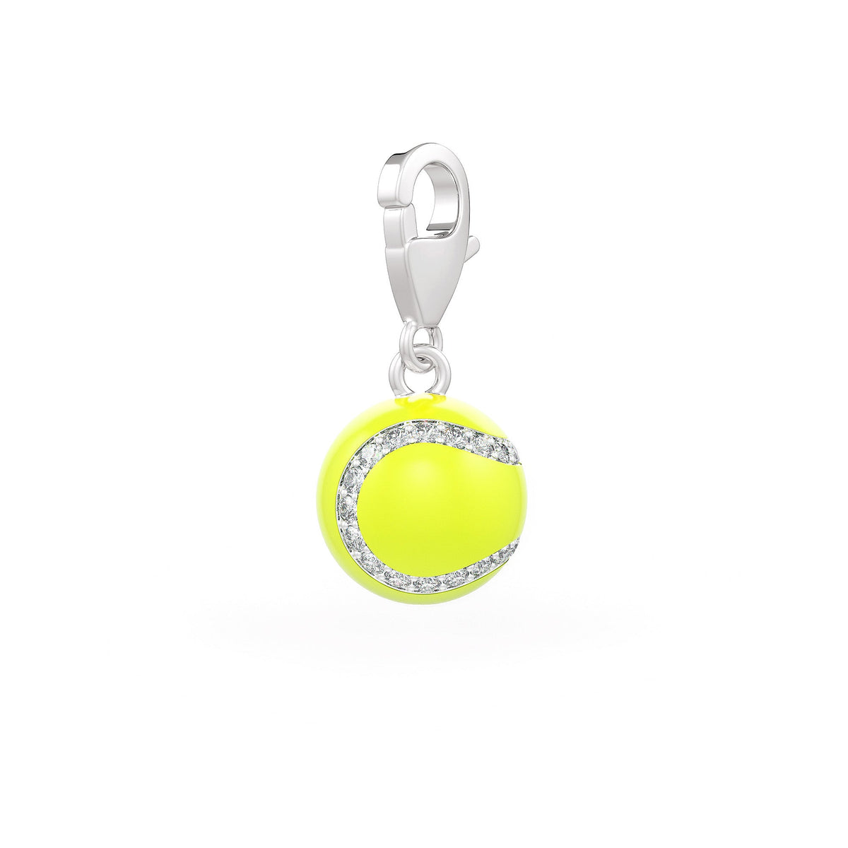 Tennis ball charm with silver clasp on a white background