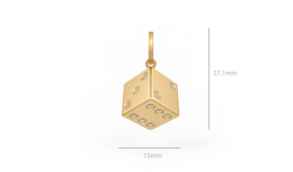 Diamond dice pendant with size reference 
