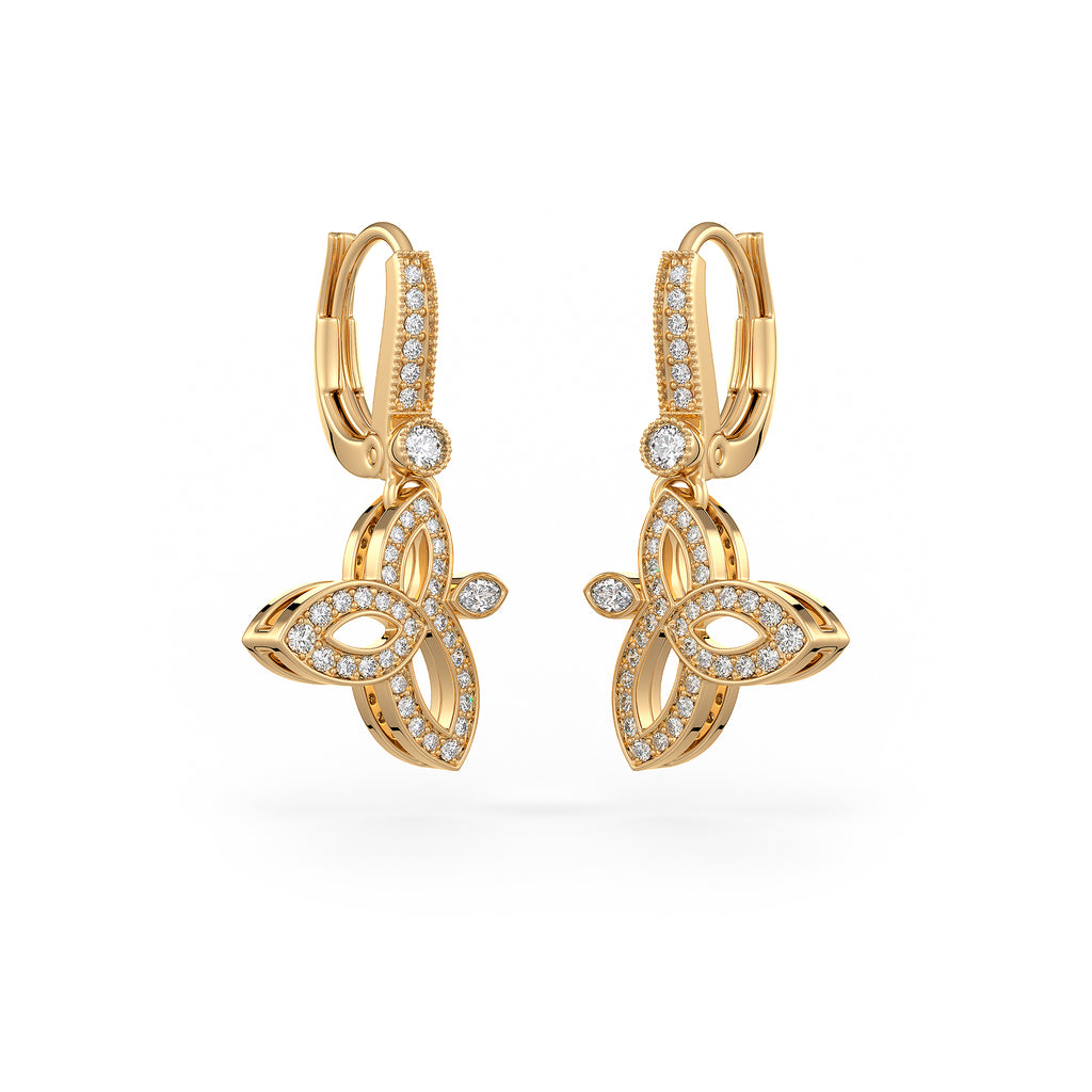Diamond Drop Earrings Lotus flower in 18ct Yellow Gold