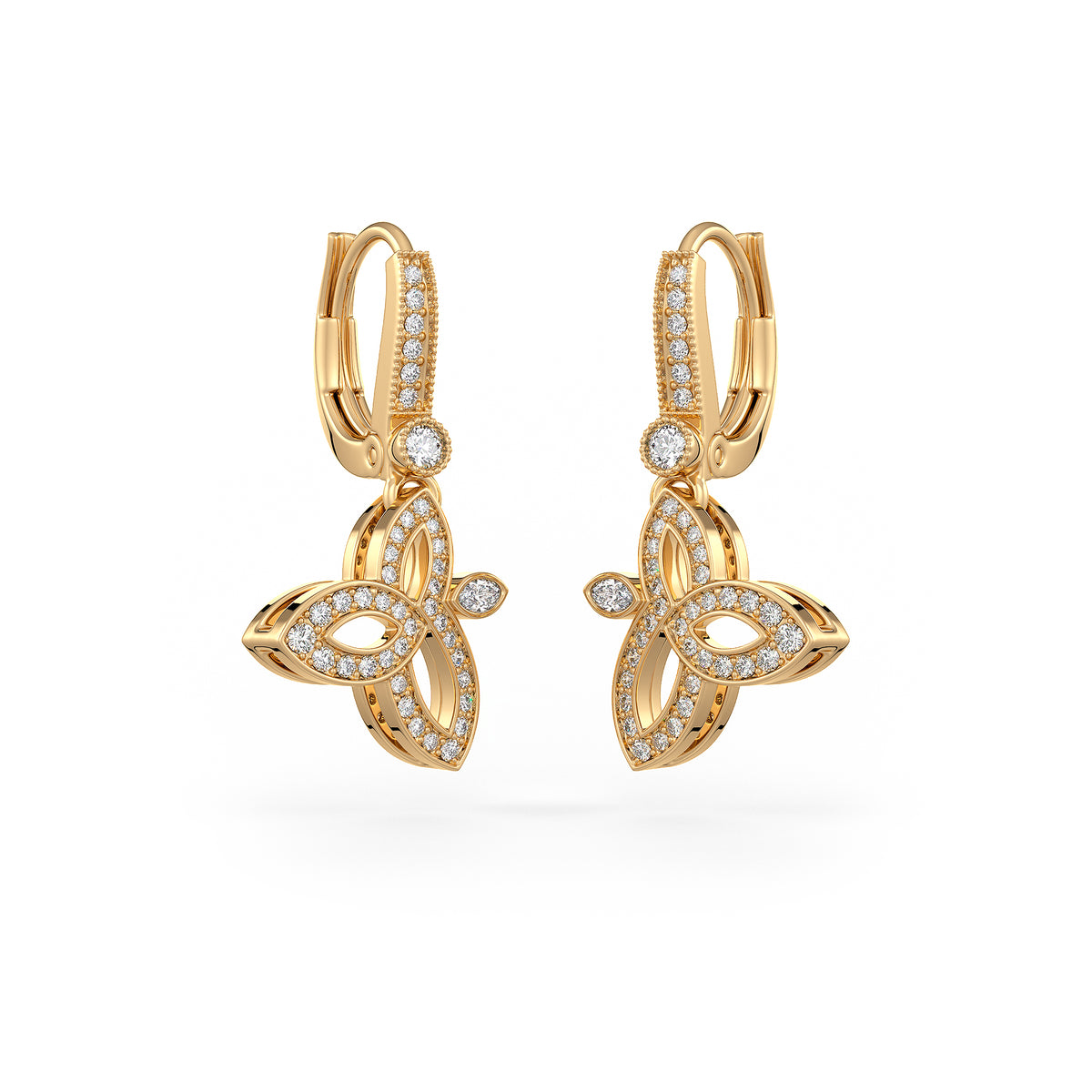 Diamond Drop Earrings Lotus flower in 18ct Yellow Gold