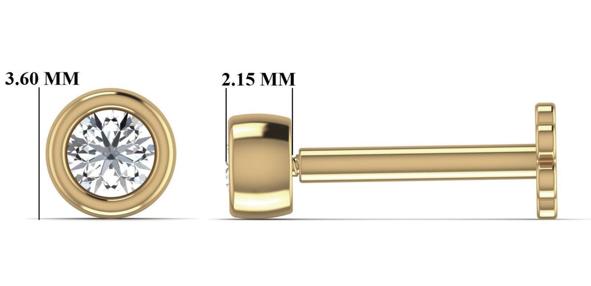 Gold nose stud with diamond and measurements on a white 
background