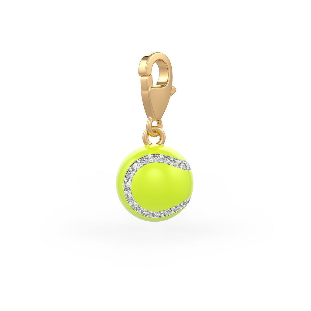 Neon yellow tennis ball charm with gold clasp on a white background