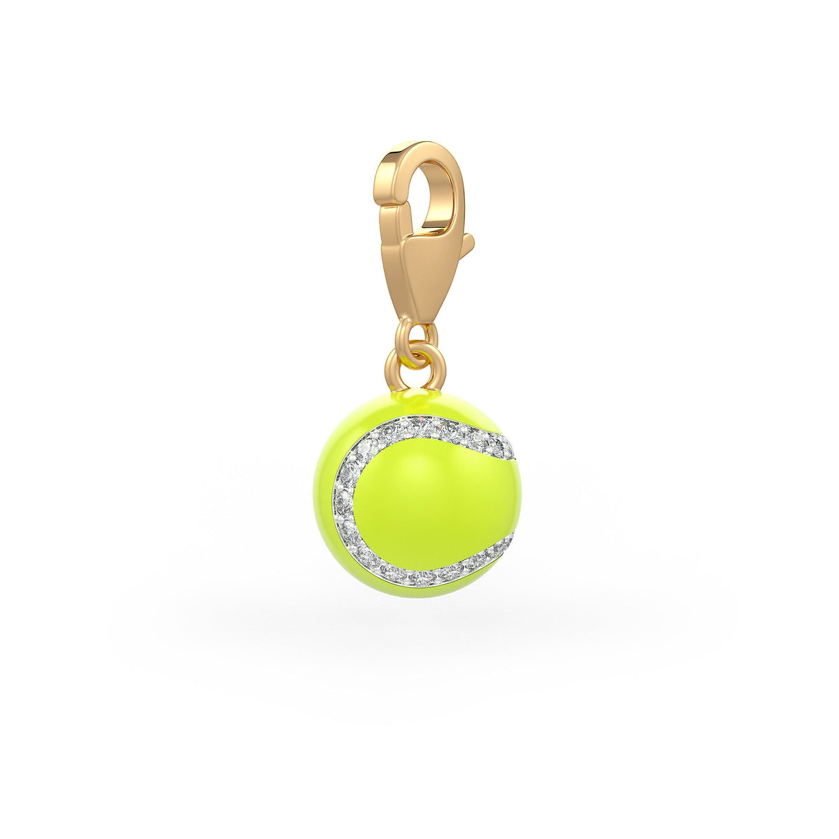 Neon yellow tennis ball charm with gold clasp on a white background