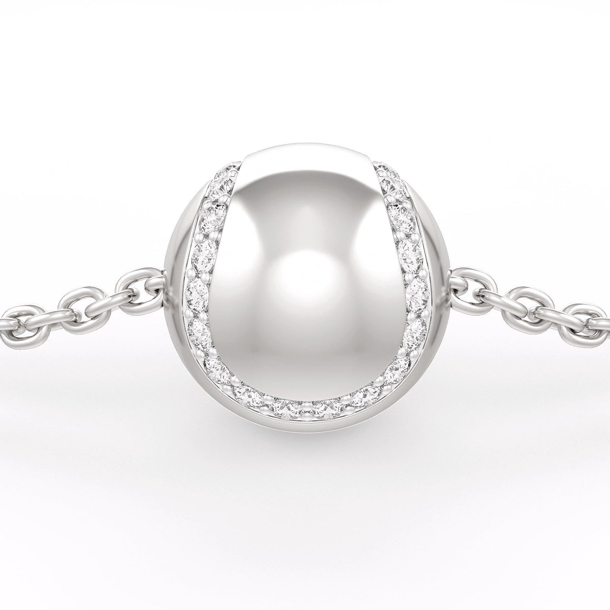 Bracelet in white gold with a round silver charm on a white background
