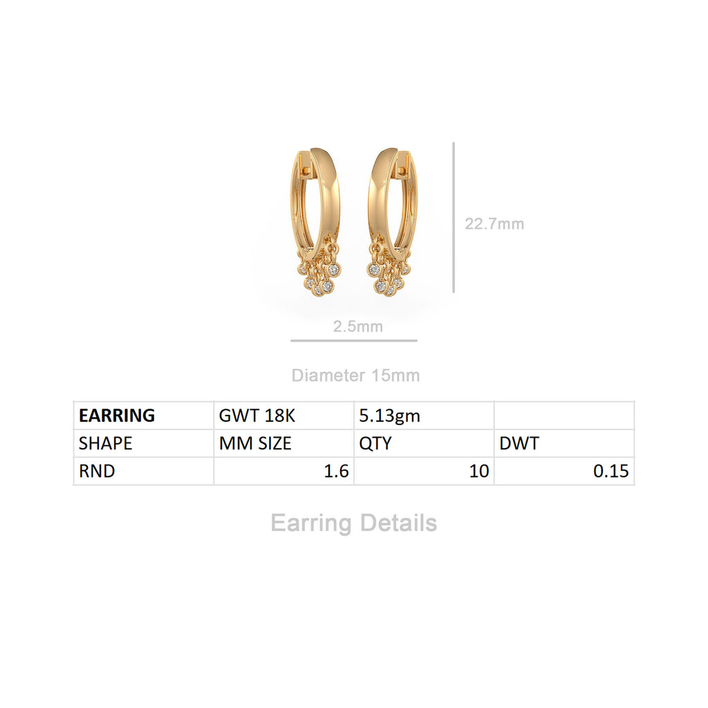 18ct gold dewdrop diamond hoop earrings with size reference