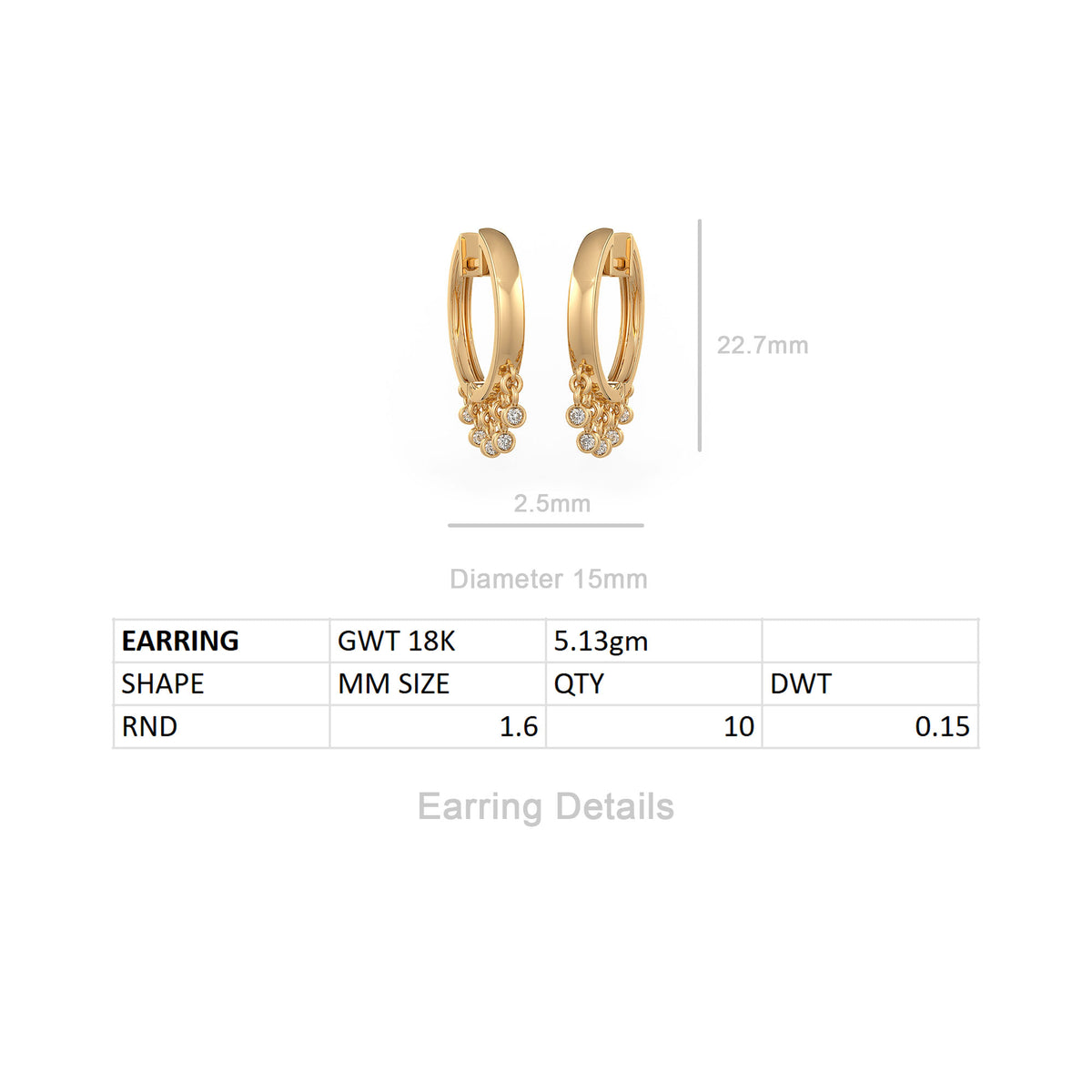 18ct gold dewdrop diamond hoop earrings with size reference