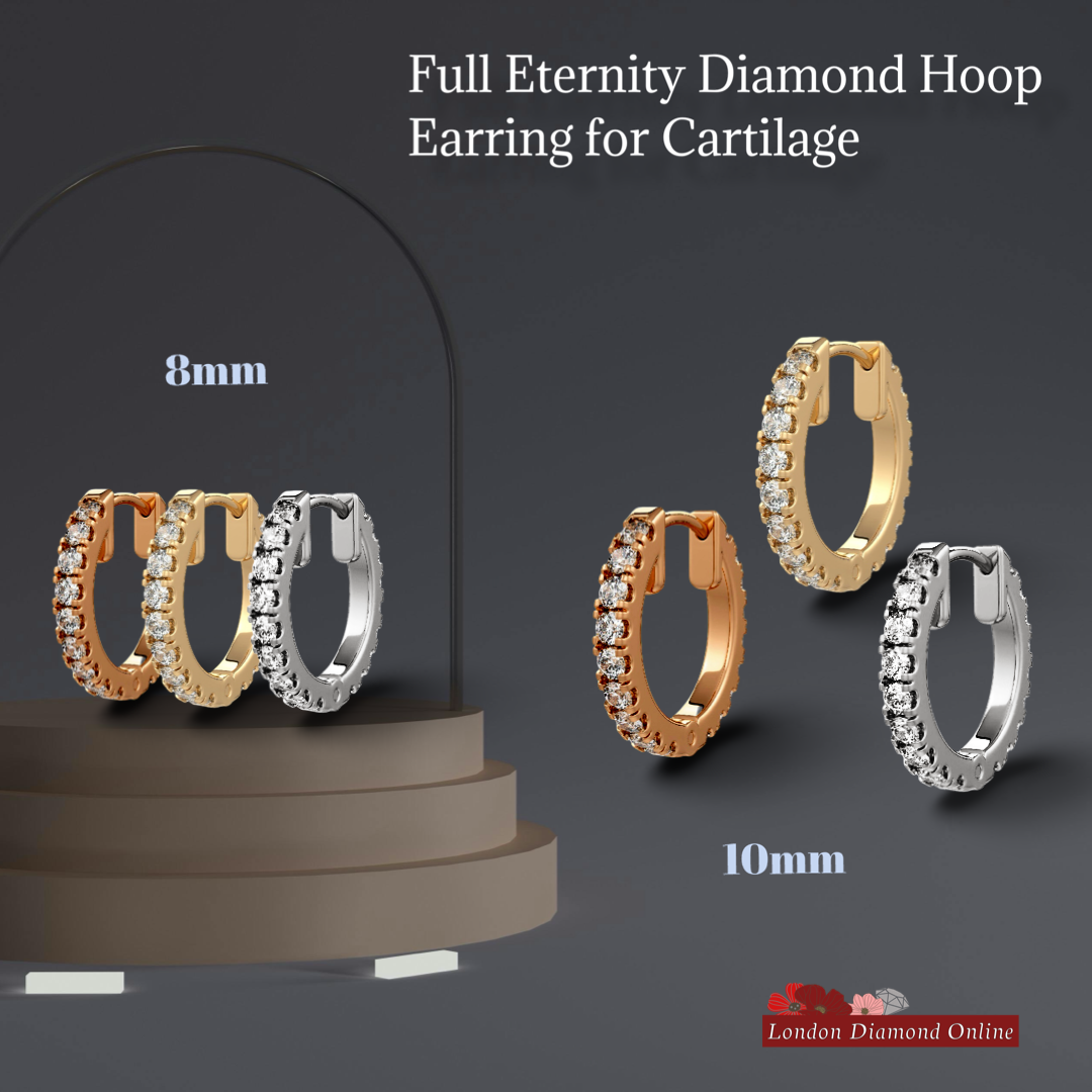 Full Eternity Diamond Hoop Earrings for Cartilage on a dark background with 'London Diamond Online' branding