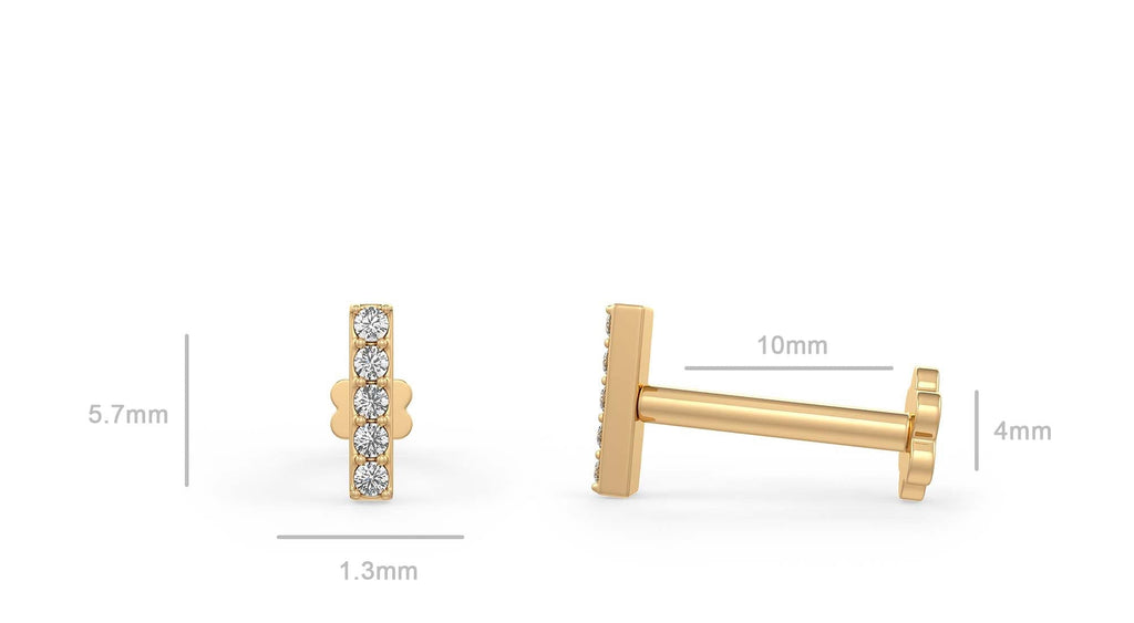 Gold diamond bar earring with measurements