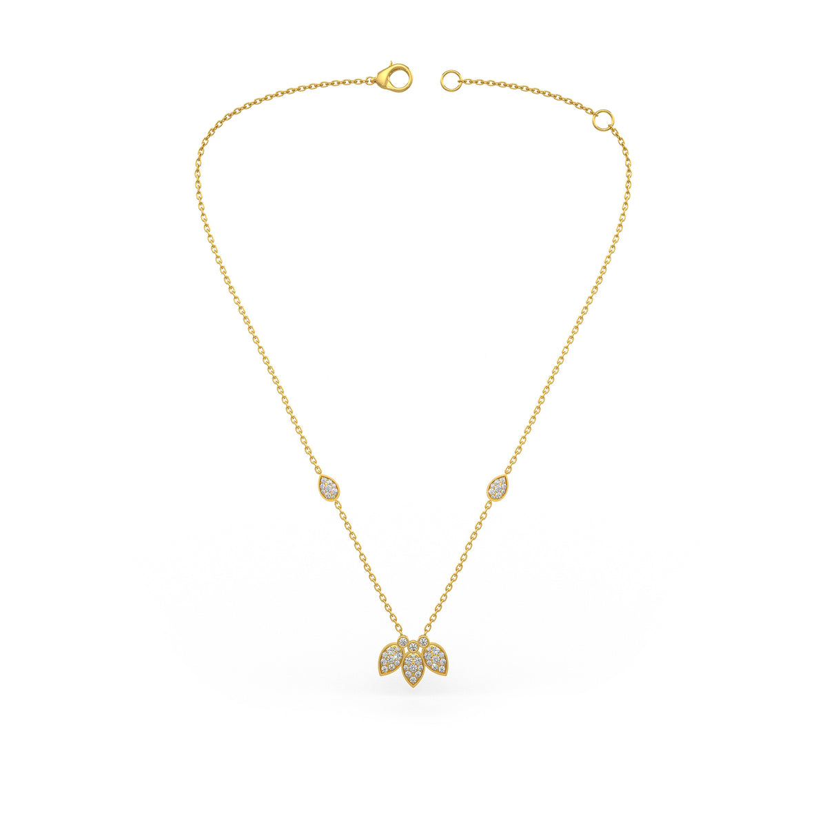 Collier en or jaune 18 carats serti de diamants de 1,40 ct et orné de pétales de nénuphar.