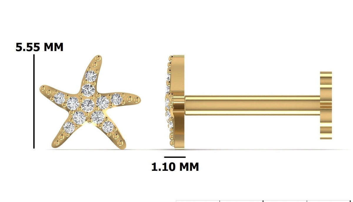 Sparkling starfish diamond nose pin stud with size reference