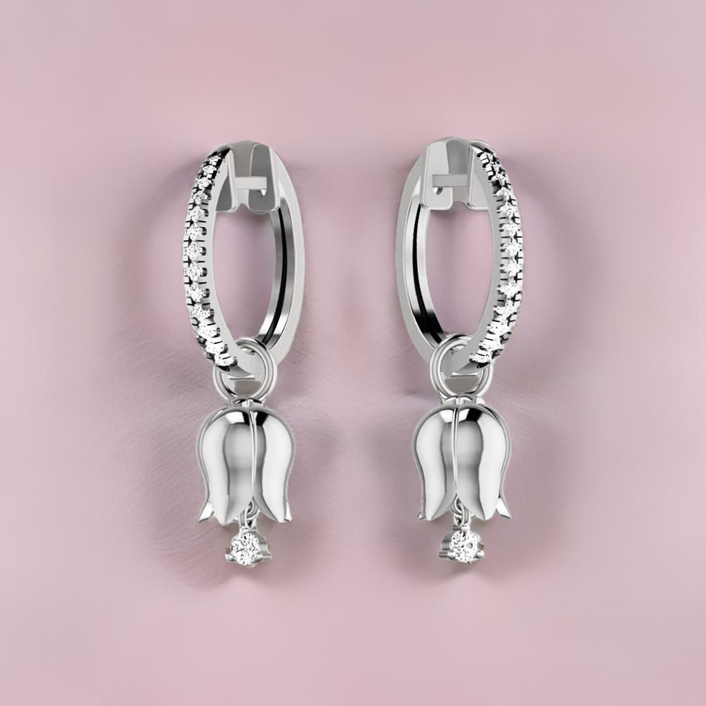 Diamond Eternity Hoops with Tulip Charm Drops in 18ct White Gold