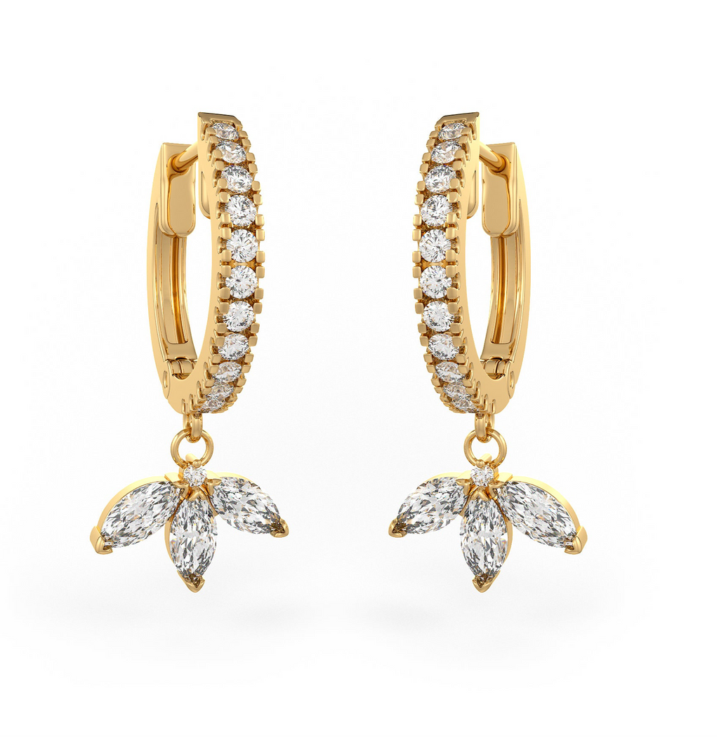  Orecchini a cerchio Eternity in oro giallo 18 carati con diamanti e ciondolo a forma di loto marquise da 0,92 carati (coppia intera)