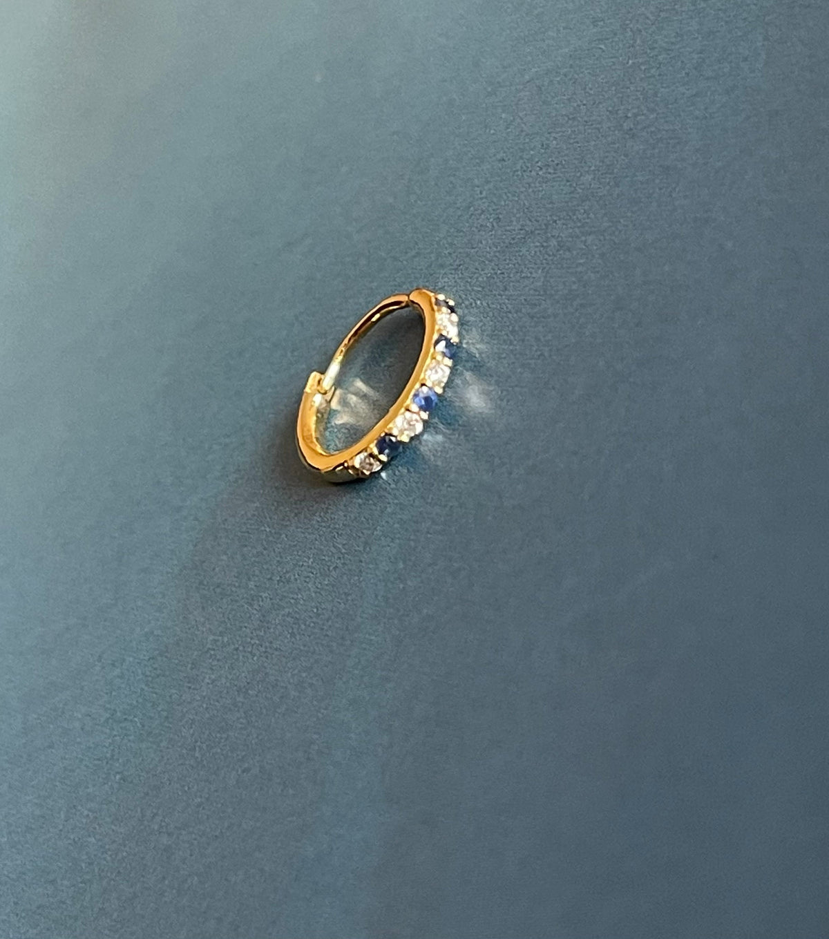 Skinny Diamond Sapphire Nose Hoop 18ct Yellow Gold Piercing Gemstone Ring