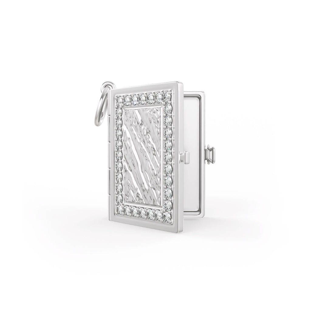 Elegant diamond book charm locket in 18ct white gold