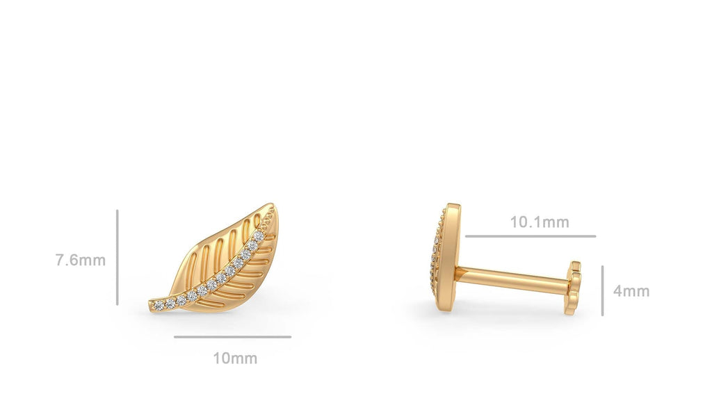 Gold earrings with leaf design and measurements on a white background