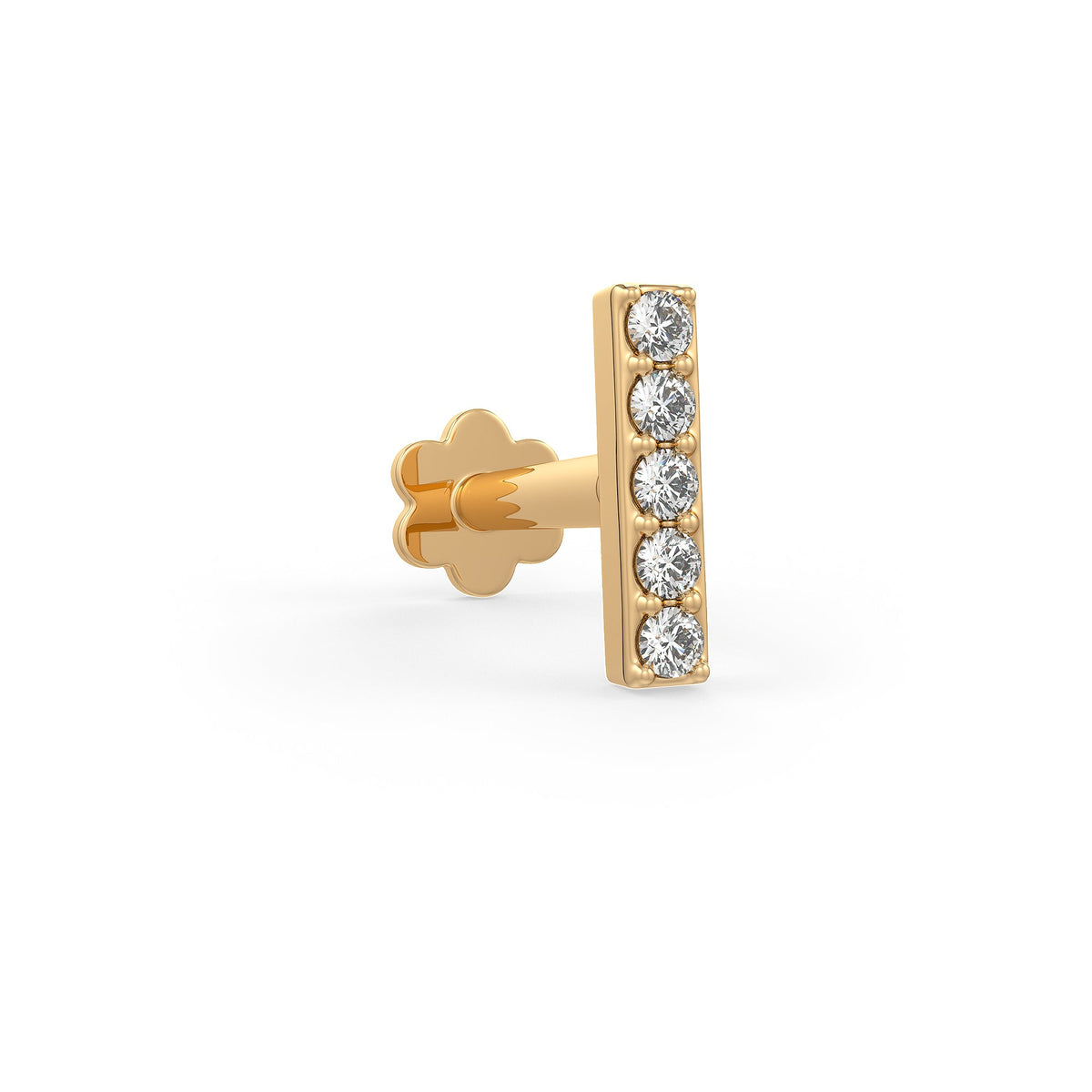 Diamond eternity bar nose stud with threaded back in yellow gold
