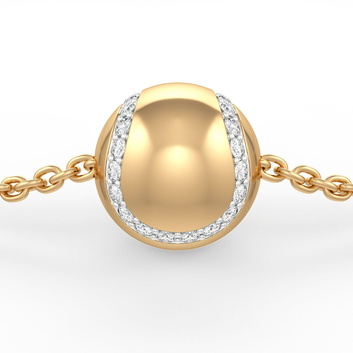 Gold bracelet with a round gold clasp and diamond accents on a white background