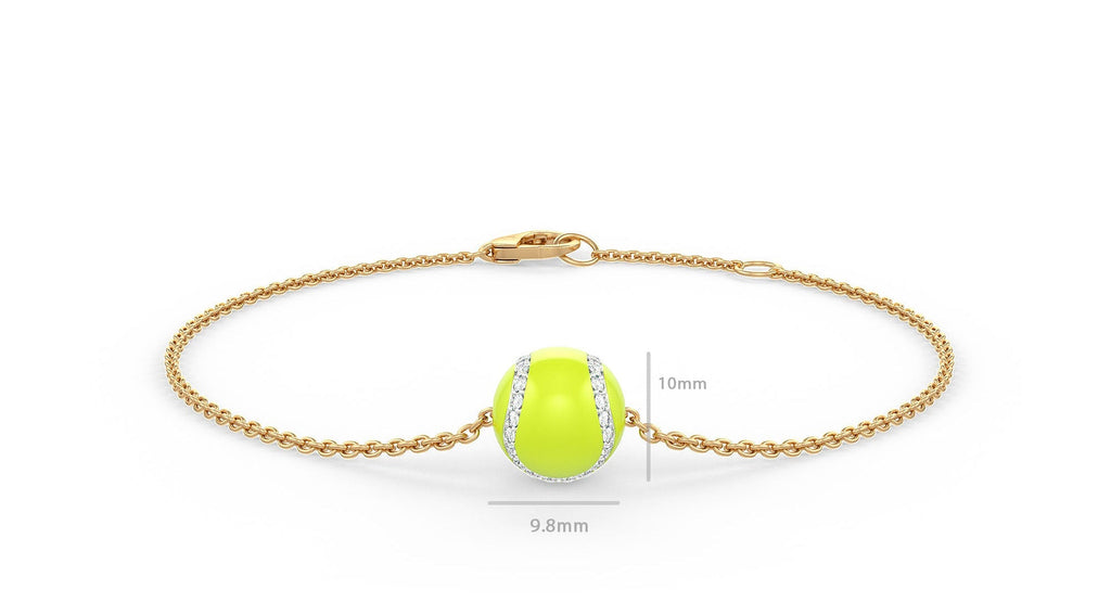 Gold bracelet with a green tennis ball charm on a white background