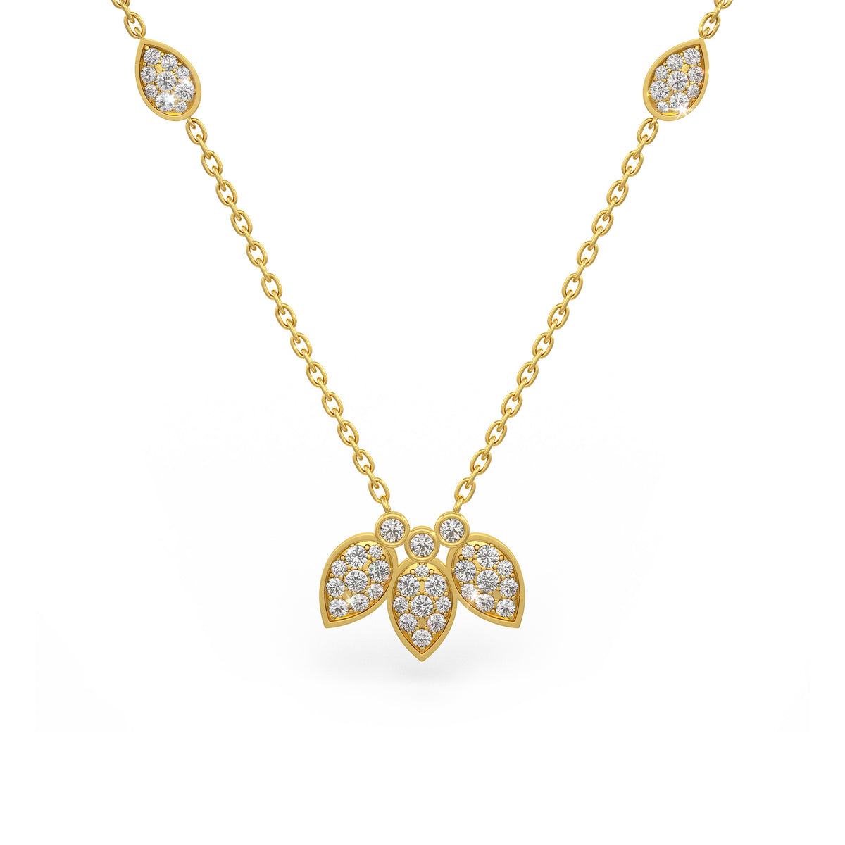 Collier en or jaune 18 carats serti de diamants de 1,40 ct et orné de pétales de nénuphar.