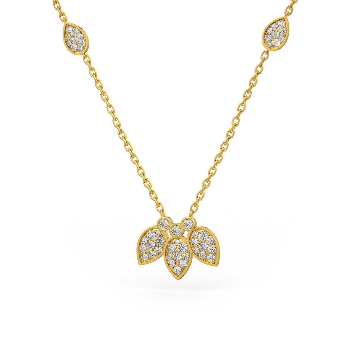 Collier en or jaune 18 carats serti de diamants de 1,40 ct et orné de pétales de nénuphar.