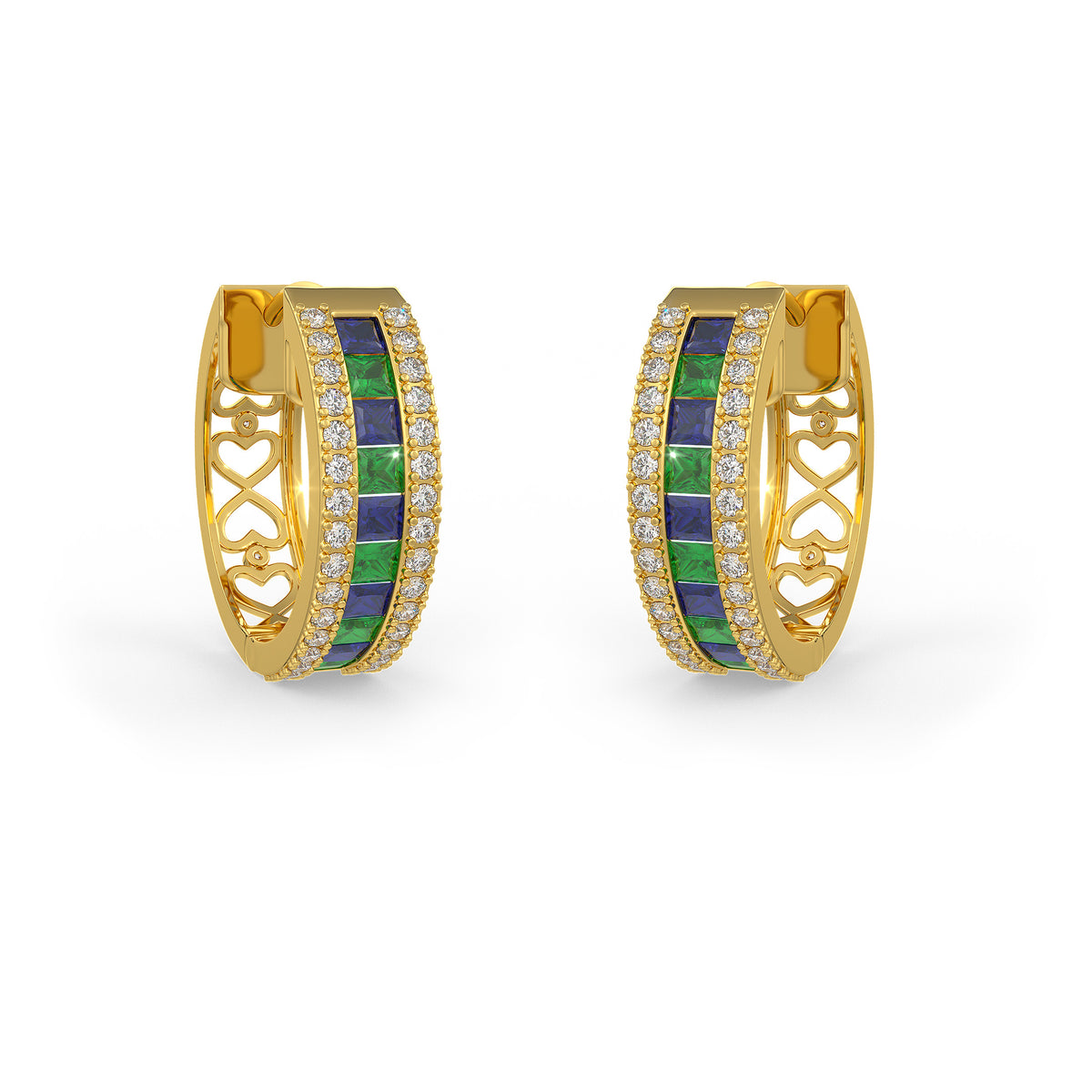 Diamond emerald sapphire hoops in 18ct yellow gold