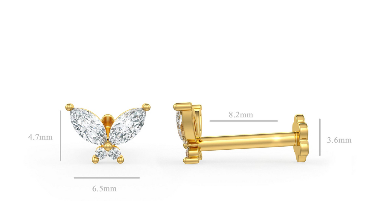 Diamond butterfly nose stud with measurements