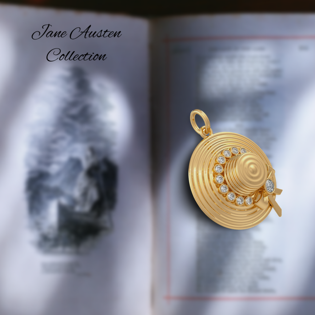 Pendentif chapeau en or jaune 18 carats, inspiré de Jane Austen, orné d'un diamant.