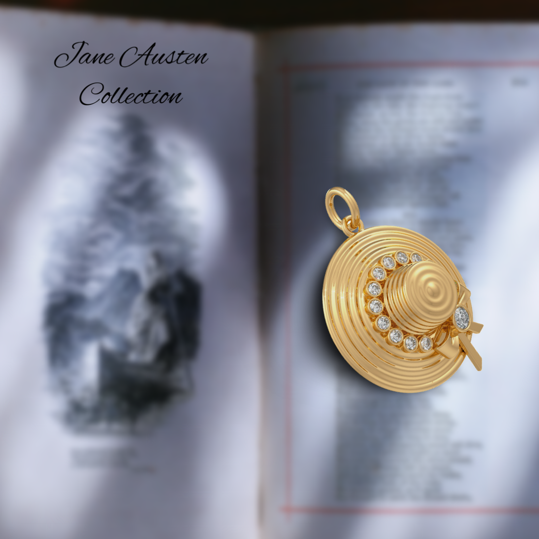 Pendentif chapeau en or jaune 18 carats, inspiré de Jane Austen, orné d'un diamant.