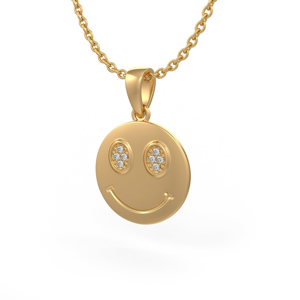 Smiley emoji face diamond pendant in 18ct yellow gold